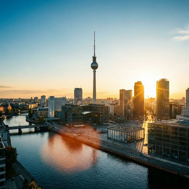 Berlin skyline at golden hour with the TV Tower